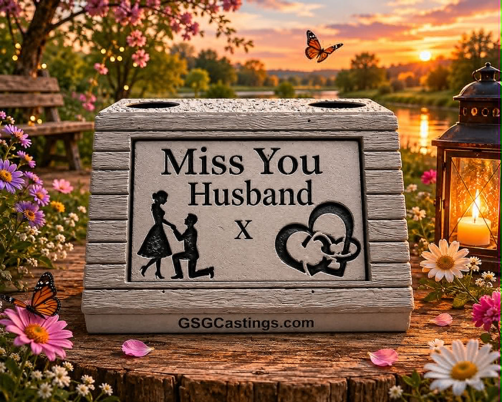 Miss You Husband. Beautiful Stone Home & Garden Ornament. Personalised Detailed Memorial Concrete Statue.