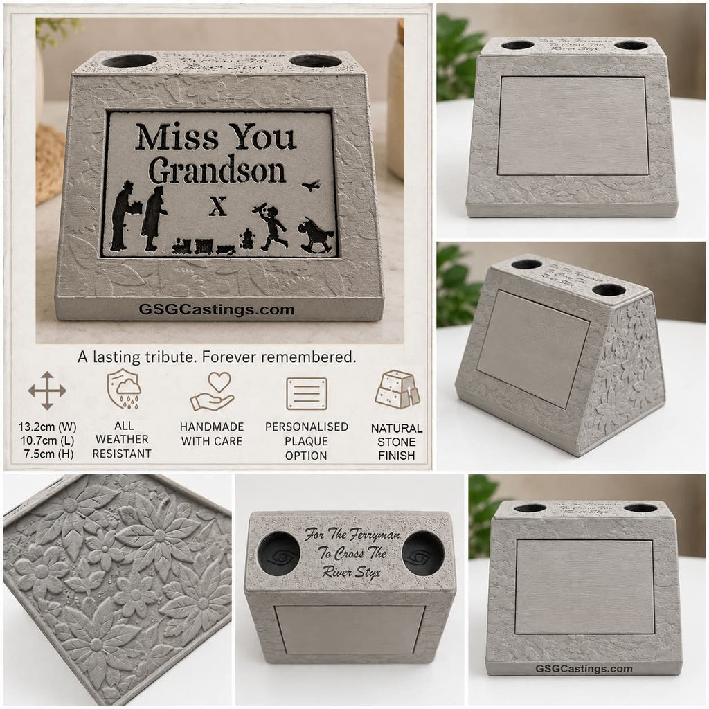 Miss You Grandson. Beautiful Stone Home & Garden Ornament. Personalised Detailed Memorial Concrete Statue.