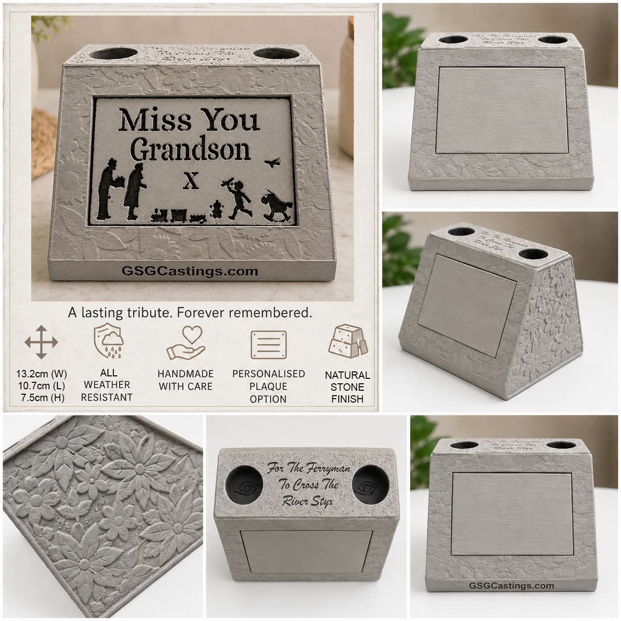 Miss You Grandson. Beautiful Stone Home & Garden Ornament. Personalised Detailed Memorial Concrete Statue.